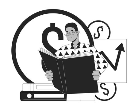recommend clip art: Man reading book bw concept vector spot illustration. Man reading bookkeeping book. Finance management 2D cartoon flat line monochromatic on white for web UI design. Editable isolated color hero image