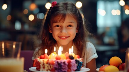 Obraz na płótnie Canvas Closeups of a happy little girl holding her birthday cake to enjoy her party, Generative AI.