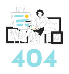 Woman in art studio painting picture black white error 404 flash message. Creative hobby. Monochrome empty state ui design. Page not found popup cartoon image. Vector flat outline illustration concept