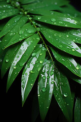 Fototapeta premium Palms rainforest background, adorned with glistening raindrops of water. top down view. shot using a dsIr camera, iso 800. professional color grading, Created with Generative AI Technology.