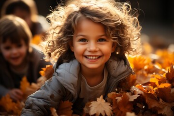 Children playing in a pile of autumn leaves on Thanksgiving Day. The scene could be set in a backyard or park, with kids jumping and laughing as they enjoy the crisp fall air. Generative Ai