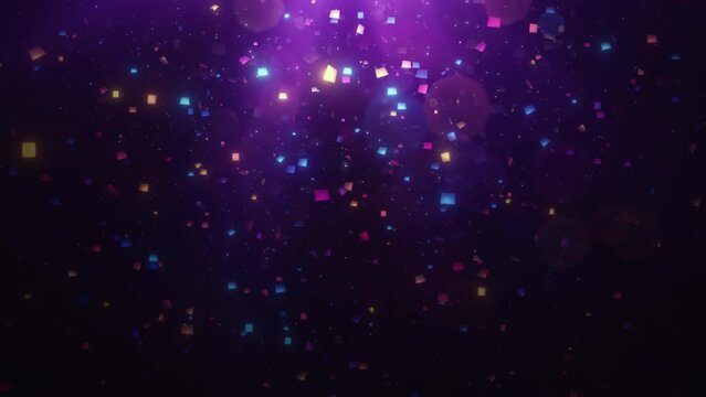 Festive glittering falling confetti. Elegant colorful particle flow. Gentle stream of luxury dust, magical snowfall, creative soft bokeh, awarding abstract background. Seamless loop