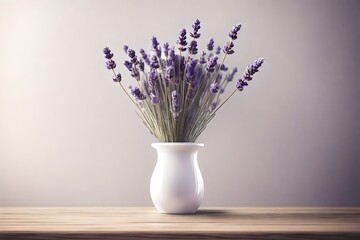 Close up of lavender sprigs in small white vase on side table against neutral wall background (selective focus) 3d render