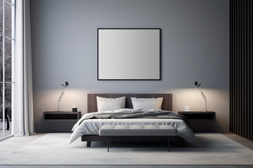 Mockup accentuating a minimal modern photo frame elegantly hanging above the bed in a naturally bright and tranquil bedroom