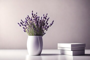 Close up of lavender sprigs in small white vase on side table against neutral wall background...