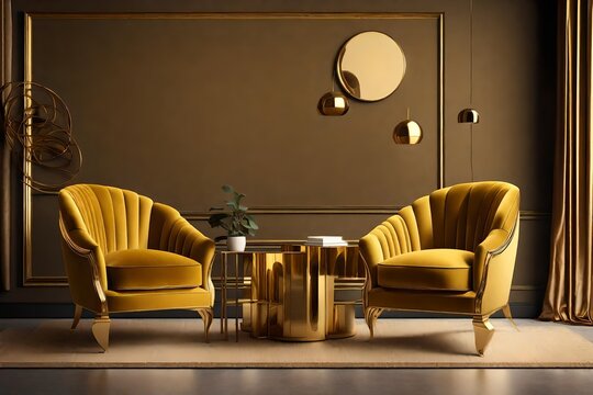 Luxury Premium Living Room With Two Yellow Mustard Armchairs And A Golden Brass Table. Painted Accent Empty Wall For Art. Dark Room Interior Design. Mockup Space Ivory Beige Brown Color. 3d Rendering