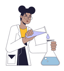 Scientist conducts experiment flat line concept vector spot illustration. Chemist pouring liquid into flask 2D cartoon outline character on white for web UI design. Editable isolated color hero image