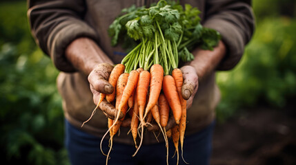 Male farmer holding a carrot crop in his hands.