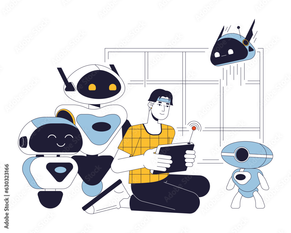Poster robotics flat line concept vector spot illustration. excited asian man creates and manages robots 2d