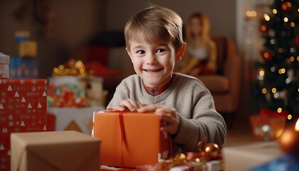 Fototapeta na wymiar Excited boy opening Christmas gifts, kid unwrapping presents, joyful surprises