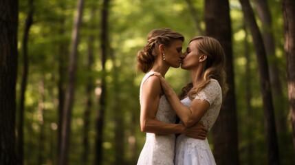 Fototapeta premium Portrait of a happy same-sex lgbt couple kissing during their wedding. Created with Generative AI technology.