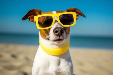 Naklejka na ściany i meble Jack russell dog with yellow sunglasses on a beach