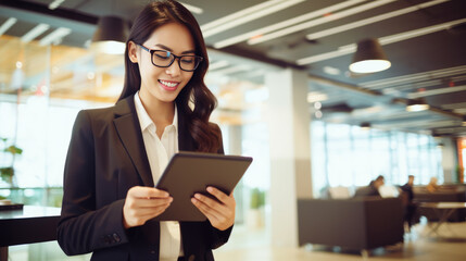 Fototapeta premium A young Asian businesswoman stands in an office with a tablet in her hands.