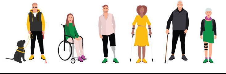 disability diversity people group concept of physical disordered person inclusion vector illustration icon of men and women in wheelchair with prosthetic or crutch blind person and dog