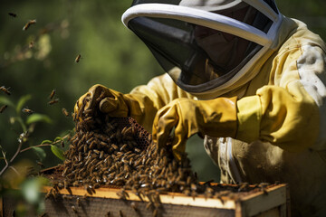 Beekeeper in protective suit working on bee hive with honey bees. Generative AI