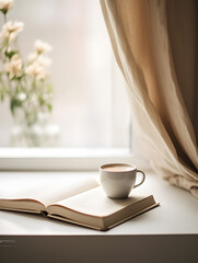 A cup of coffee on a book with blurred window in the background