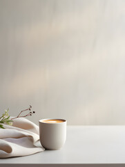 A cup of coffee on white table