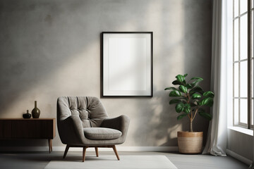 light shines through window on the stucco wall with a hanging photo frame,home interior design of modern room with gray fabric sofa, curtain and flower pot