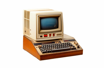 Old computer sitting on top of wooden stand with keyboard and mouse.