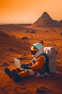 Man in orange and white space suit sitting in the desert on laptop.