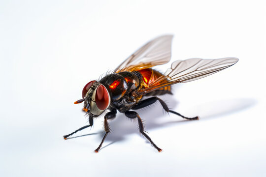 Close up of fly on white surface with white background.