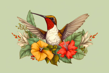 Drawing of hummingbird sitting on top of bunch of flowers.