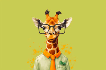 Image of giraffe wearing glasses and shirt and tie.