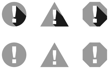 Black White Round Circle Octagonal and Triangular Warning or Attention Sign with Exclamation Mark Icon Set with Flat Design or 3D Style Shadow Effect. Vector Image.