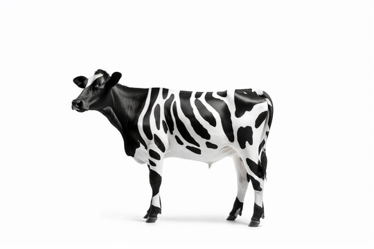 Black and white cow standing next to white wall with white background.