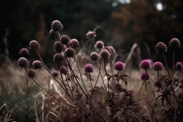 Dried flowers in the forest close-up. Autumn background