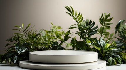 white podium for product displays and presentations. pedestal to showcase your product. beautiful plants decoration minimalist background