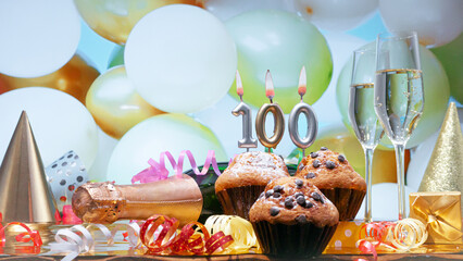 Happy birthday champagne background with number of candles  100. Beautiful congratulations copy...
