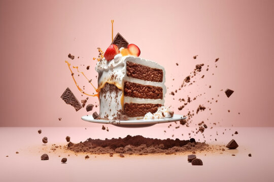 Piece of chocolate cake with berries and chocolate splash on a background