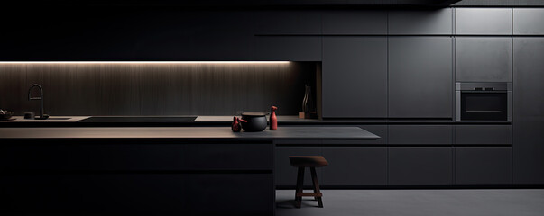 Interior large dark kitchen.