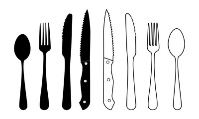 Spoon, forks, knife, and plate set icons, collection of Cutlery different shapes, restaurant business concept, vector illustration, Cutlery line icon.-3