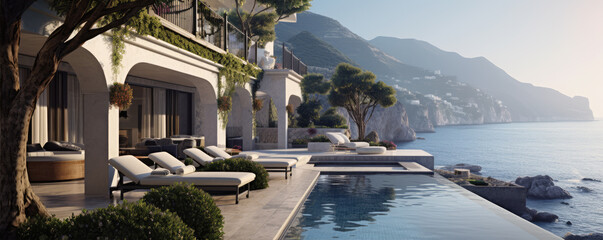 Luxury vila nestled along side of sea moutains with fresh green trees. - obrazy, fototapety, plakaty