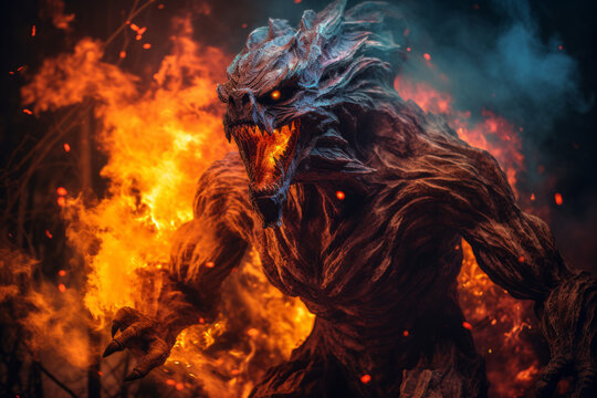 Fire monster coming out of a campfire