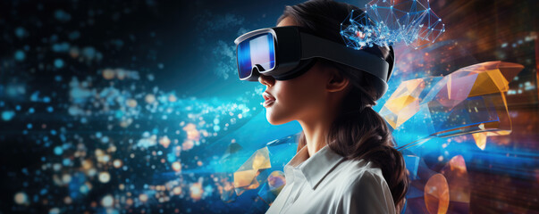 Obraz na płótnie Canvas Woman wearing virtual reality headset or glasses. panorama photo