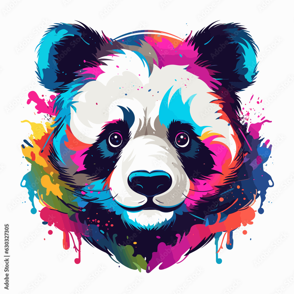 Poster Colorful panda bear's face on white background with paint splatters.