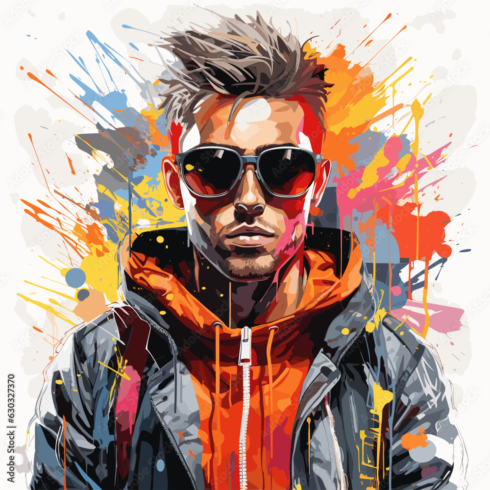 Canvas Prints painting of man wearing sunglasses and jacket with paint splatters.