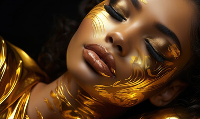 Beauty woman painted in gold skin color body, gold makeup, lips, eyelids in gold color paint