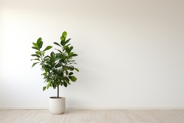 Beautiful house plant in the pot on wooden floor set beside the wall with sunbeam and shadow on white empty wall. Background, mockup backdrop. Green houseplant decoration. Products overlay