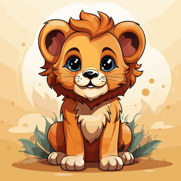 Cartoon lion sitting on the ground with sad look on his face.