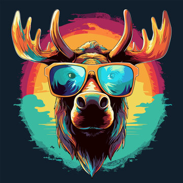 Moose wearing sunglasses with the sun in the background and colorful sky in the background.
