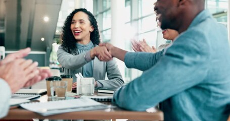 Business people, handshake and applause for meeting, teamwork or promotion at the office. Woman and man shaking hands at conference and clapping for deal, agreement or congratulations of contract