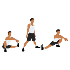 Obraz premium Man doing Cossack squat exercise. Flat vector illustration isolated on white background