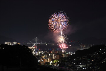 長崎の夜景と女神大橋と花火