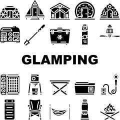 glamping tent nature luxury tipi icons set vector. forest africa, barbecue glamour, camp, campfire bubble, chair beach, vacation glamping tent nature luxury tipi glyph pictogram Illustrations © sevector