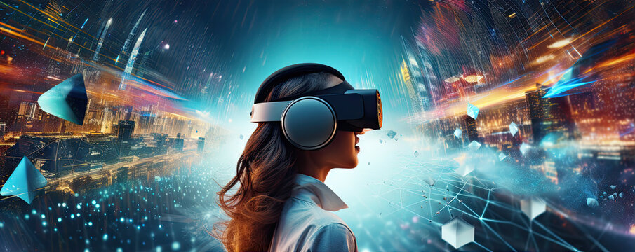 Woman wearing virtual reality headset or glasses. panorama photo