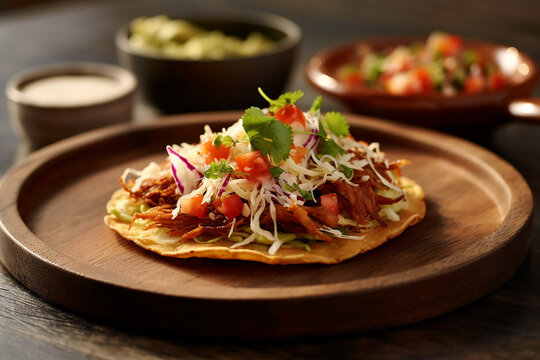 Mexican dish tostada with avocado and shrimp
